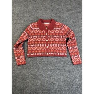 ALTAR'D STATE Collared Button Cardigan Sweater M Red Pink Floral Geometric Women